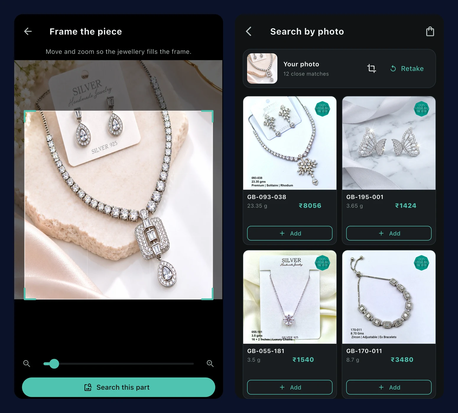 The ‘Frame the piece’ screen with the crop frame on a necklace, and the similar designs it finds
